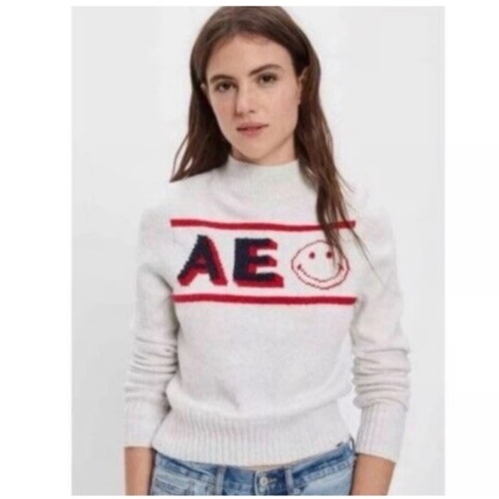American Eagle AE Gray Navy Red Smiley Face Emoji Mock Neck Sweater NWT M #903